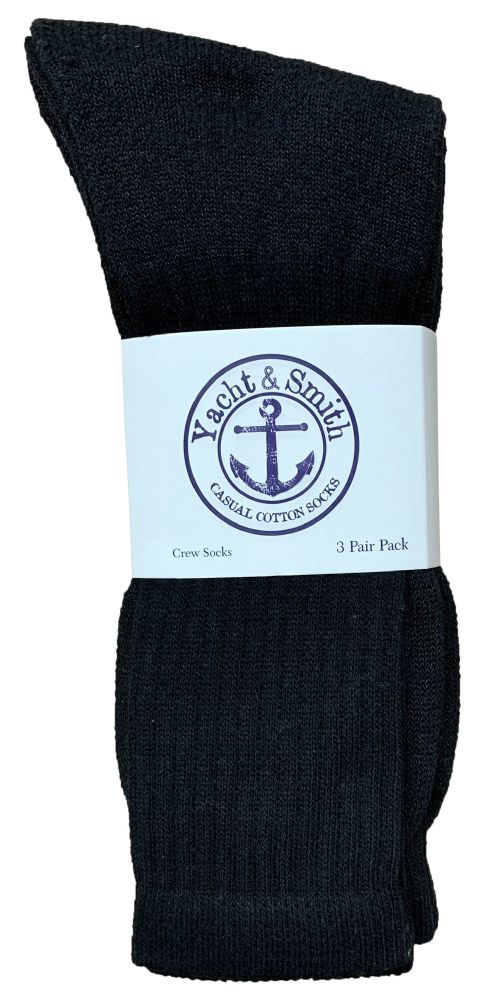 24 Wholesale Yacht & Smith Mens Soft Cotton Athletic Crew Socks, Terry Cushion, Sock Size 10-13 Black