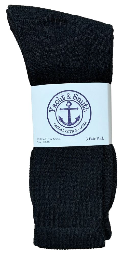 24 Pairs of Yacht & Smith Men's King Size Cotton Terry Cushioned Crew Socks Black Size 13-16 Bulk Pack