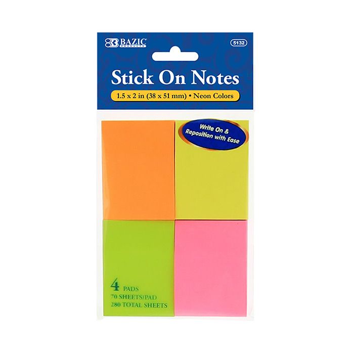 24 Pieces of 70 Ct. 1.5" X 2" Neon Stick On Notes (4/pack)