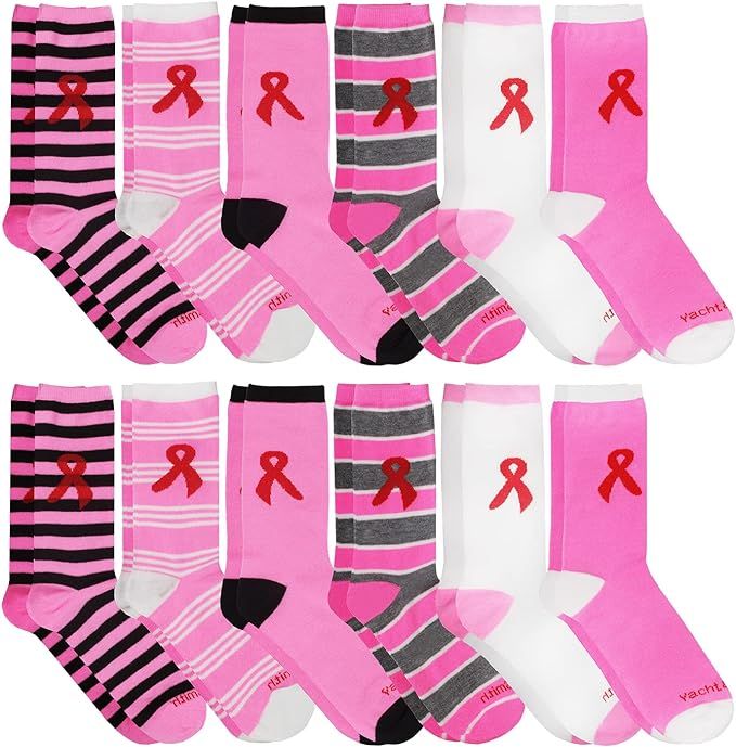 24 Pairs of Yacht & Smith Printed Breast Cancer Awareness Socks, Pink Ribbon Women Crew Socks