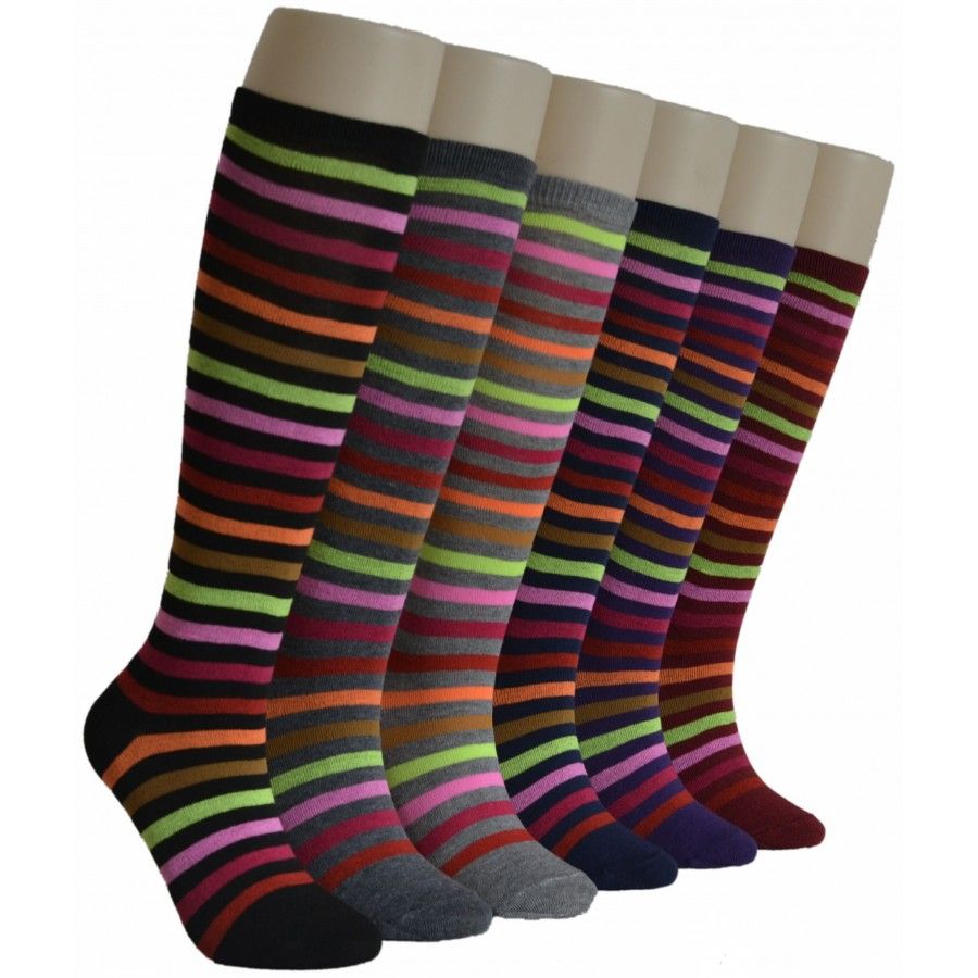 240 Wholesale Ladies Neon Stripes Knee High Socks