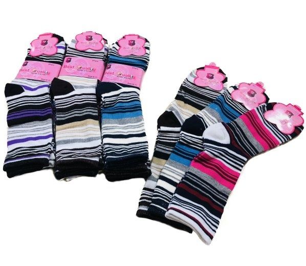 36 Pairs of Three Pair Ladies Crew Sock Thin Stripes