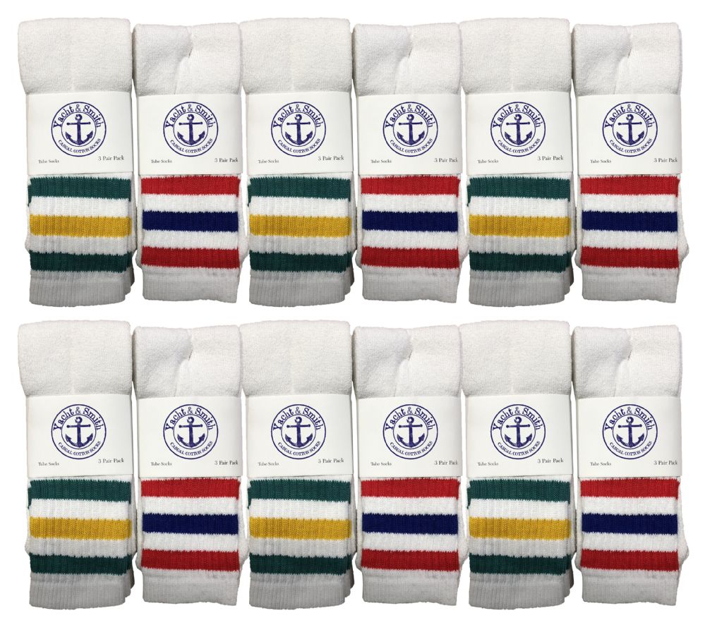 24 Pairs of Yacht & Smith Men's Cotton 31" Inch Terry Cushioned Athletic White Striped Top Tube Socks Size 13-16