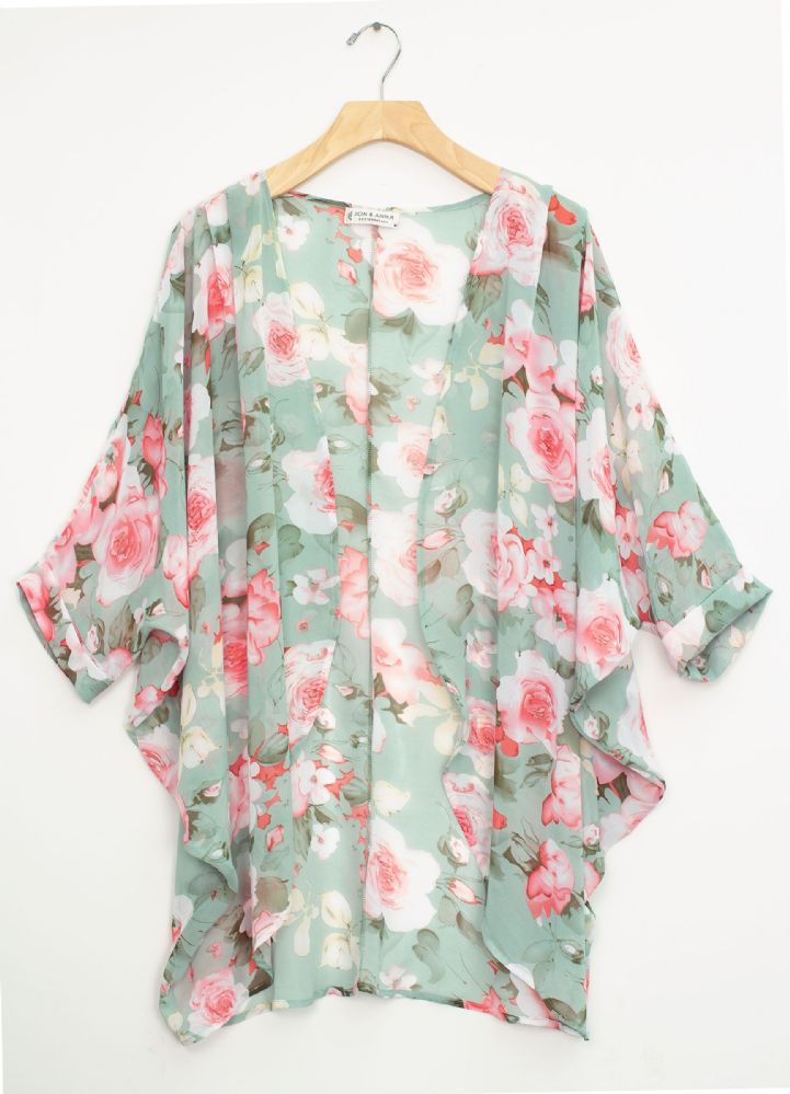 Wholesale Cuff Sleeve Floral Kimono in Mint - WSD