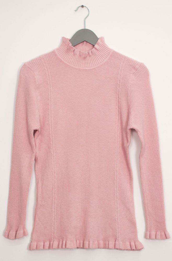 12 Wholesale Ruffle Neck Ribbed Sweater Pale Pink WSD