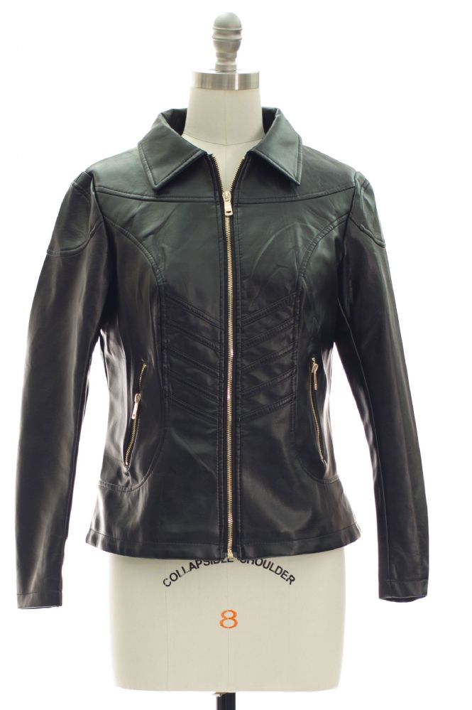 12 Pieces of Faux Leather Collar Jacket Black
