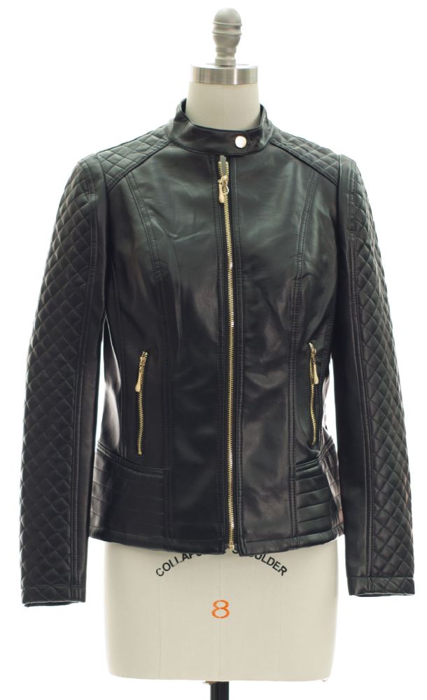 12 Pieces of Quilted Sleeve Faux Leather Jacket Black