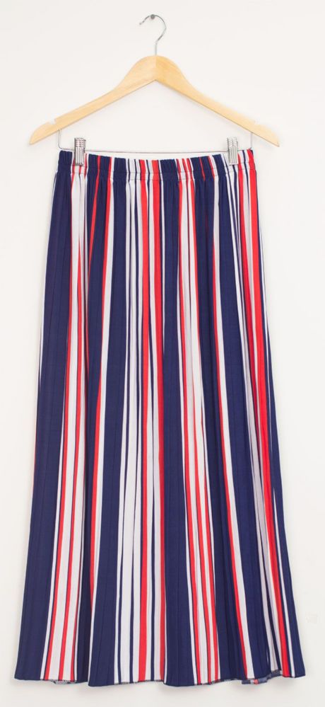 12 Wholesale Stripe Pleated Maxi Skirt Red White Blue