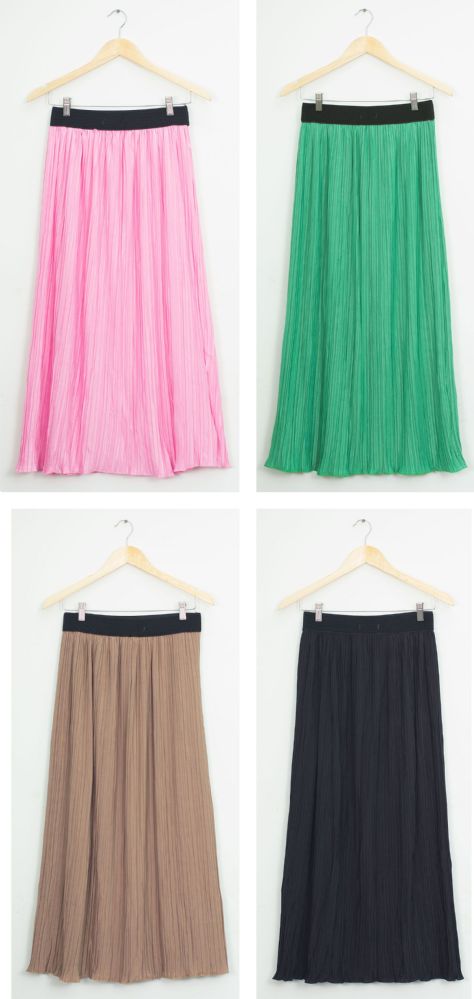 24 Wholesale Elastic Band Pleated Maxi Skirt Assorted
