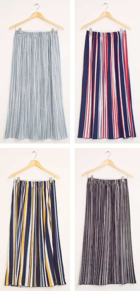 24 Wholesale Stripe Pleated Maxi Skirt Assorted