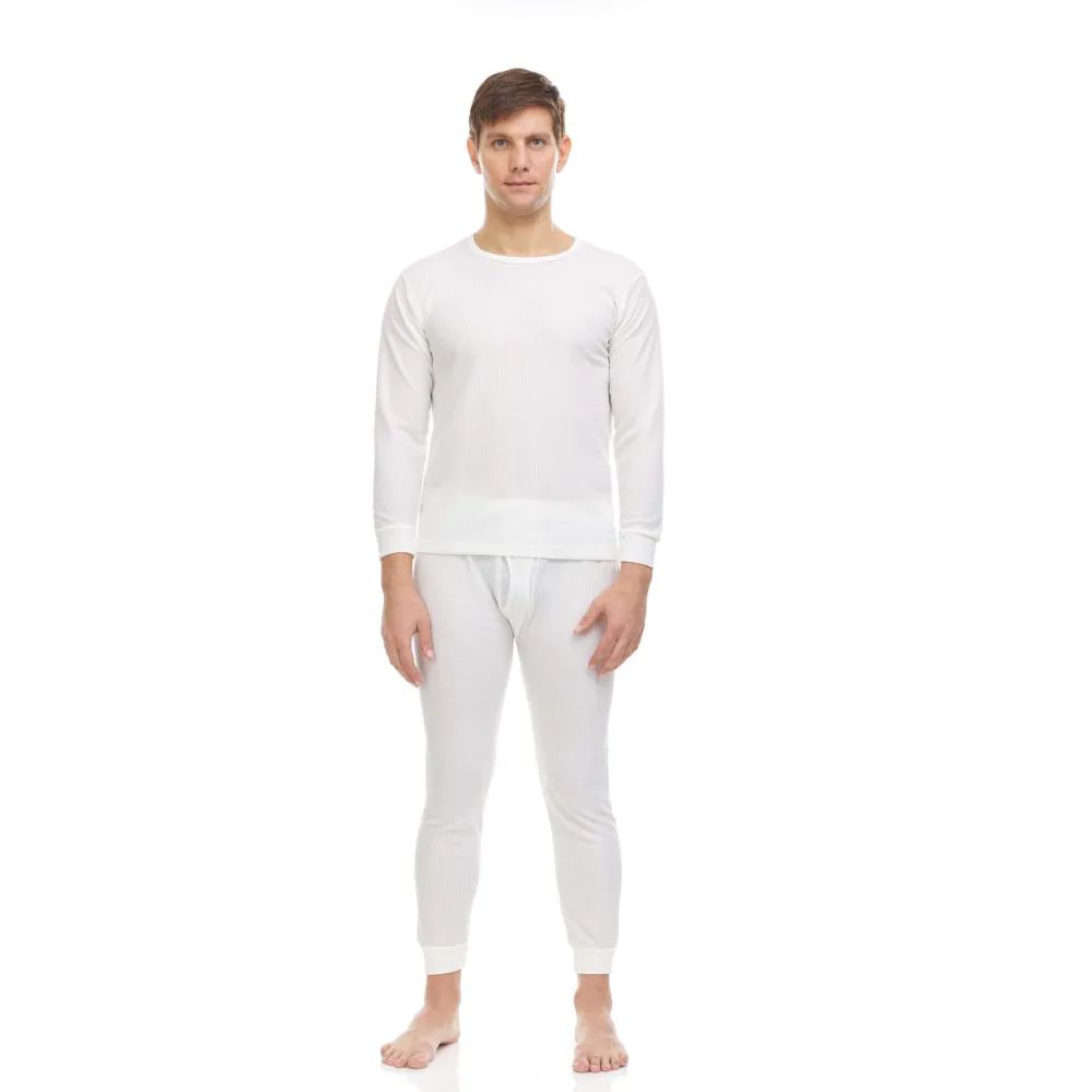 36 Pieces of Men's White Thermal Cotton Underwear Top And Bottom Set, Size Large
