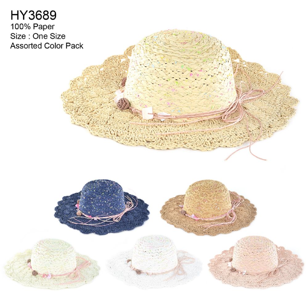 30 Wholesale Womens Paper Sun Hat With Flower Rope Assorted Color