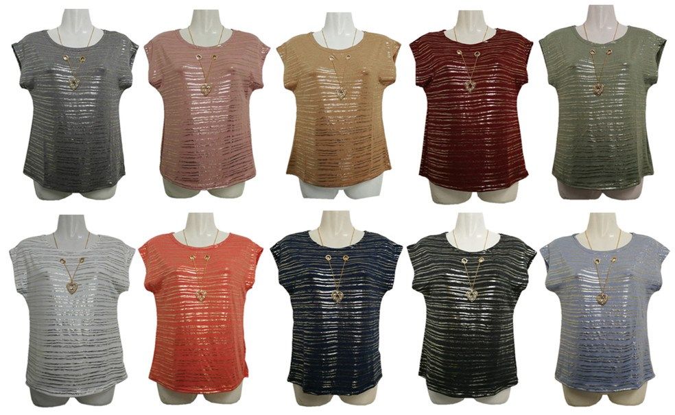 48 Pieces of Womens Assorted Color Shimmer Tee With Neckace