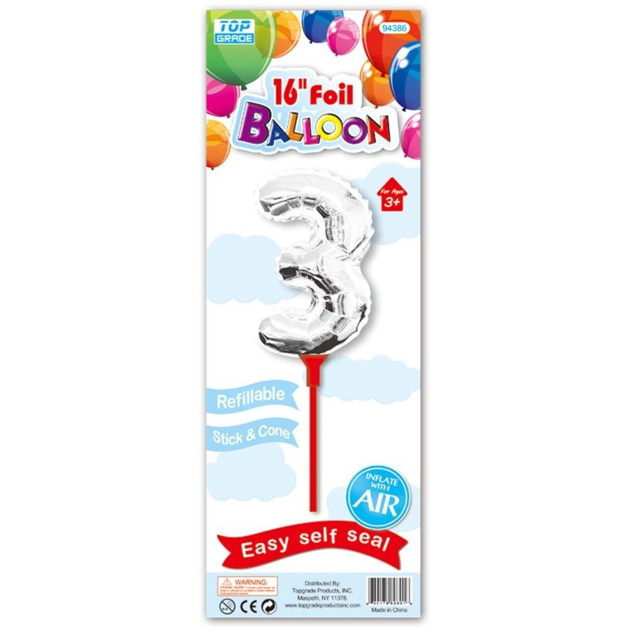96 Wholesale Sixteen Inch Silver Foil Balloon Number Three With Stick