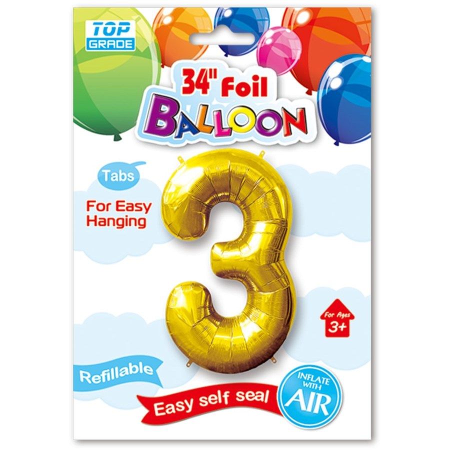 48 Wholesale Thirty Four Inch Gold Foil Balloon Number Three
