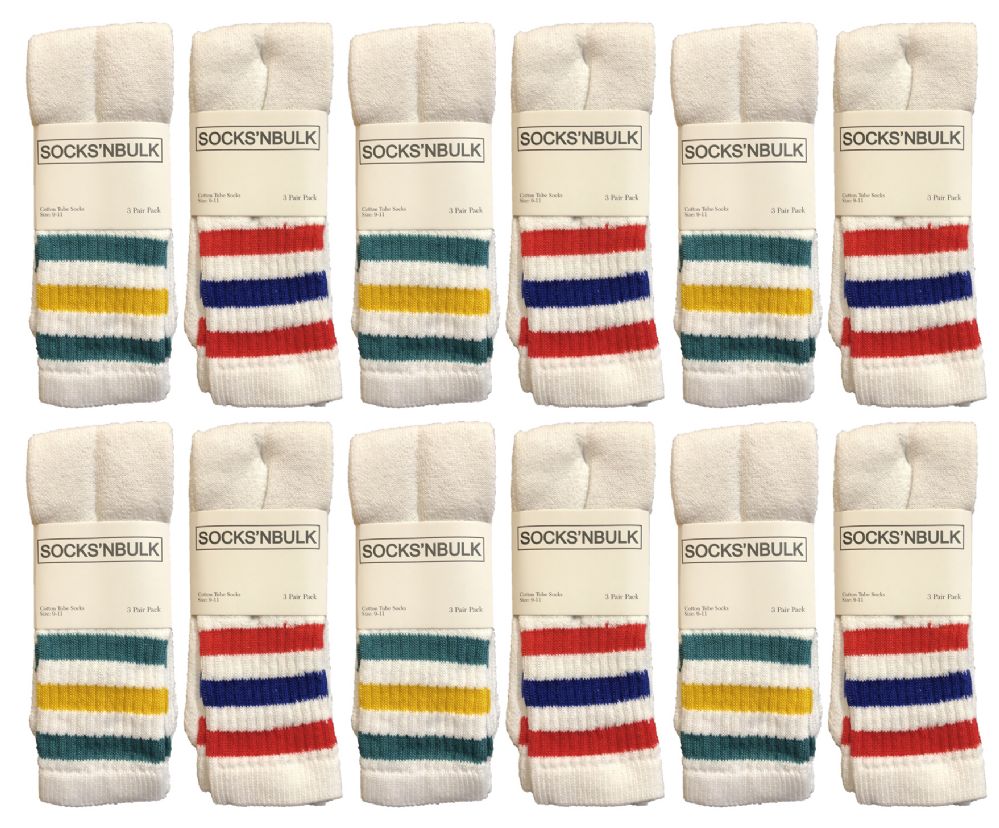 12 Pairs of Yacht & Smith Women's Cotton 26" Inch Terry Cushioned Athletic White Striped Top Tube Socks