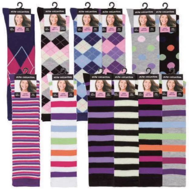 120 Wholesale Womens 9-11 Assorted Color And Prints Knee High Uniform Socks