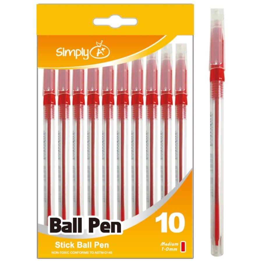 96 Wholesale Ten Count Stick Ballpoint Pens Red