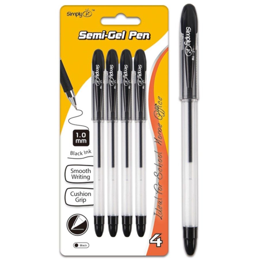 96 Wholesale Four Count Semi Gel Pen Black With Grip