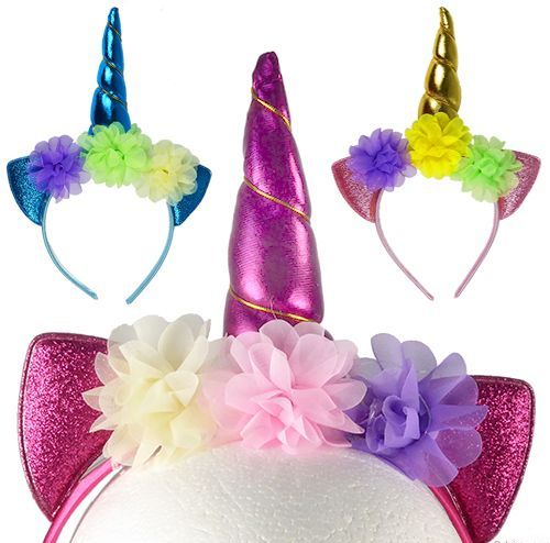12 Pieces of Sparkly Flowered Unicorn Horn Headbands