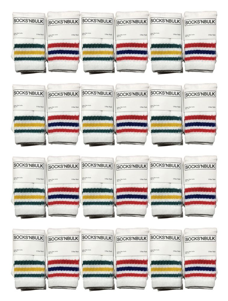 24 Wholesale Yacht & Smith Kids Cotton Tube Socks White With Stripes Size 4-6