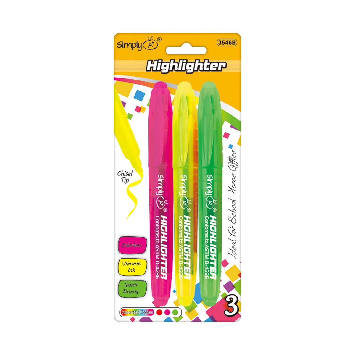 36 Pieces of 3ct Highlighter Chisel Tip Quick Drying Assorted Colors