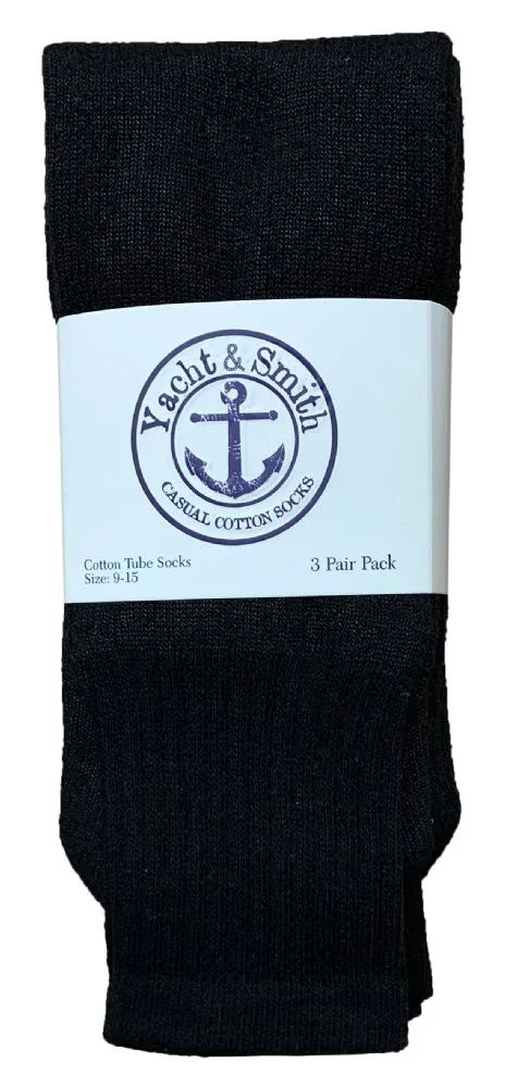 6 Wholesale Yacht & Smith Women's Cotton Tube Socks, Referee Style, Size 9-15 Solid Black 22inch