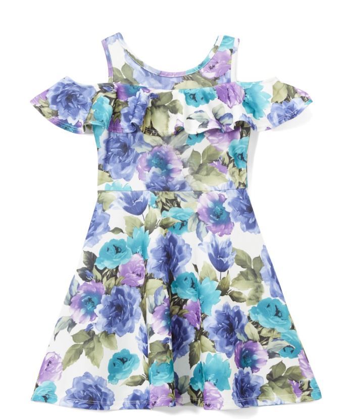 6 Pieces of Girls Teal Flower Print Dress In Size 7-14