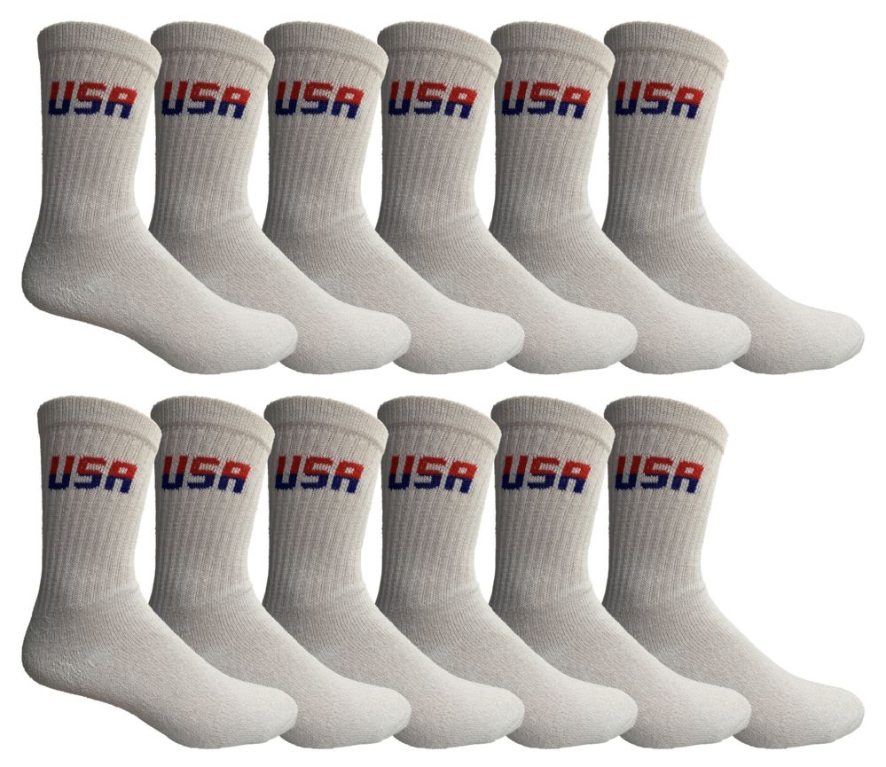 24 Wholesale Yacht & Smith Men's Cotton Terry Cushioned Athletic White Usa Crew Socks Size 13-16