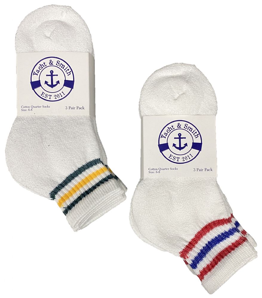 60 Wholesale Yacht & Smith Kids Cotton Quarter Ankle Socks Size 6-8 White With Stripes