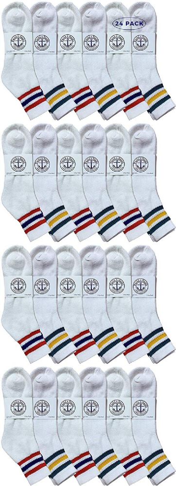24 Pieces of Yacht & Smith Men's White With Striped Top No Show King Size Ankle Socks