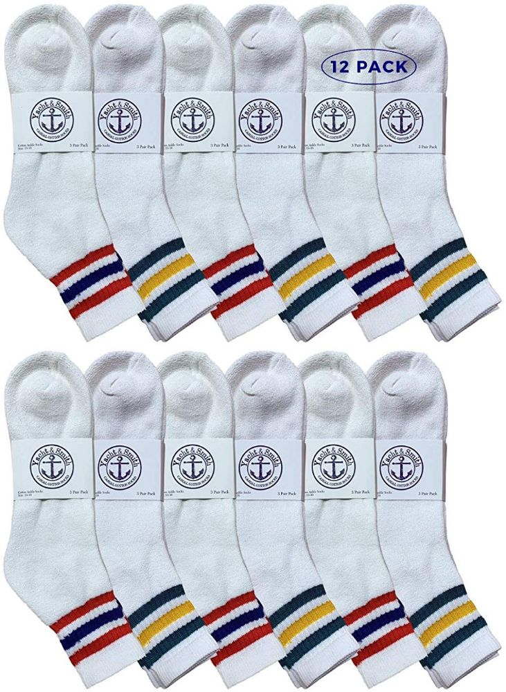 12 Pieces of Yacht & Smith Men's White With Striped Top No Show King Size Ankle Socks
