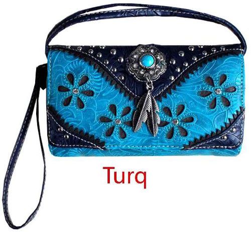 4 Wholesale Western Studded Flower Design Wallet Purse Turquoise