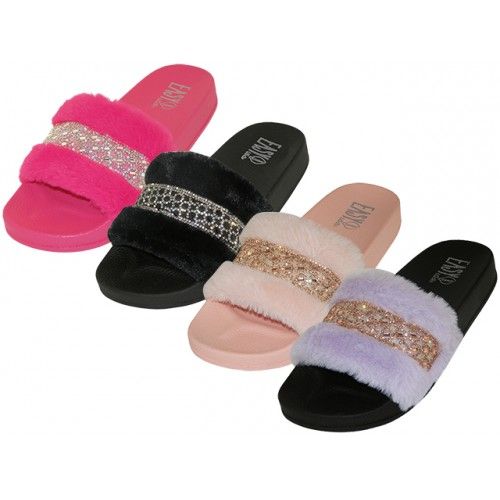 36 pieces of Women's Faux Fur With Rhinestone Upper Open Toe Slides