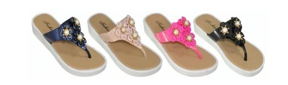 36 Wholesale Woman's Wedged Flip Flop With Flower Design