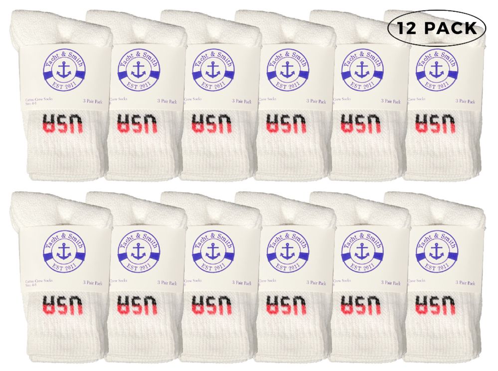 12 Wholesale Yacht & Smith Kids Cotton Crew Socks White Usa Size 6-8