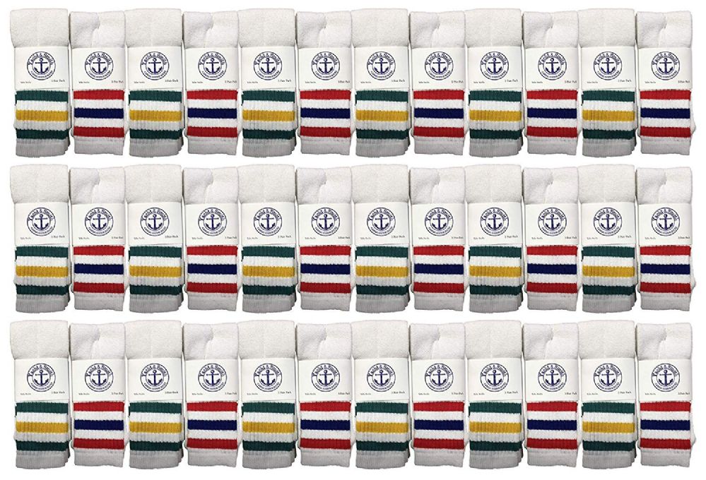 36 Wholesale Yacht & Smith Kids Cotton Tube Socks White With Stripes Size 4-6