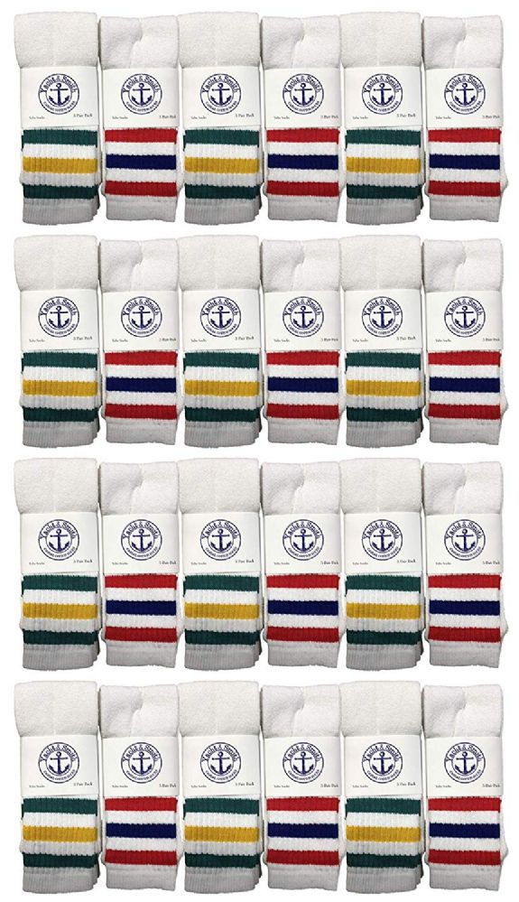 24 of Yacht & Smith Kids Cotton Tube Socks White With Stripes Size 4-6