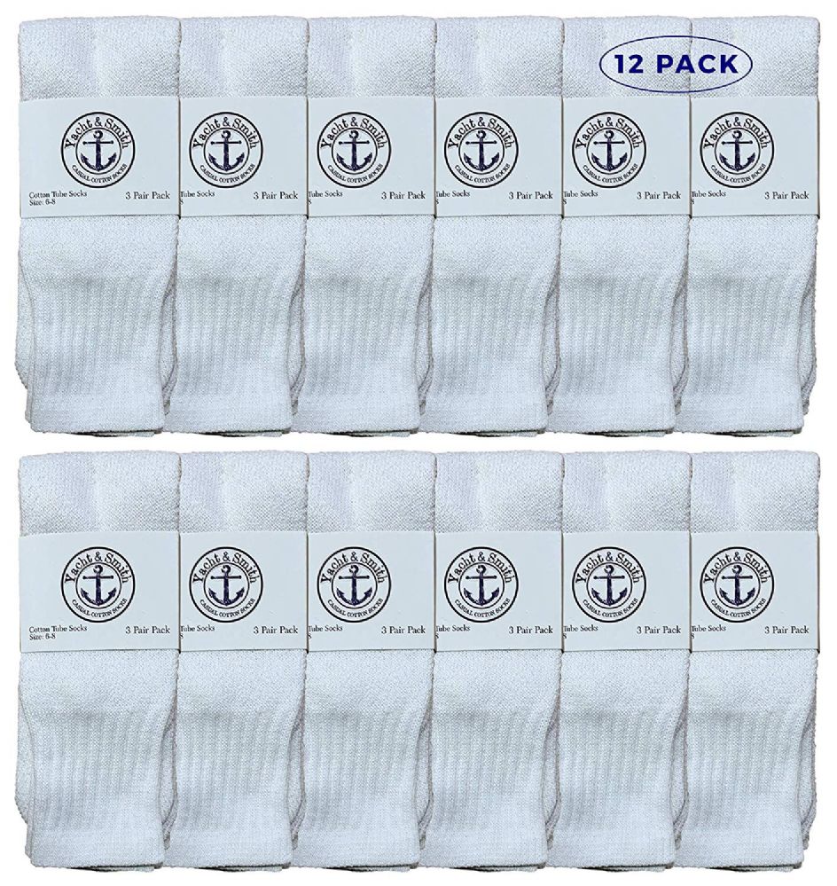 12 of Yacht & Smith Women's Cotton Tube Socks, Referee Style, Size 9-15 Solid White
