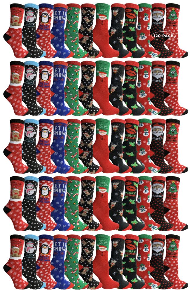 120 Pairs Yacht & Smith Printed Holiday Christmas Socks, Sock Size 9-11 - Womens Crew Sock