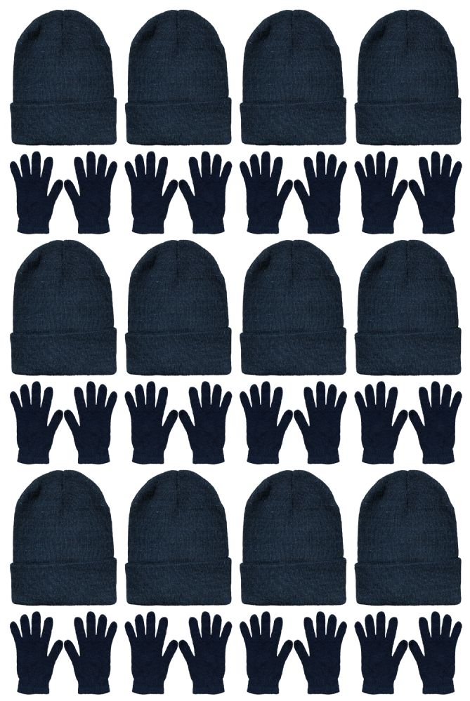 12 Sets of Yacht & Smith 2 Piece Unisex Warm Winter Hats And Glove Set Solid Black