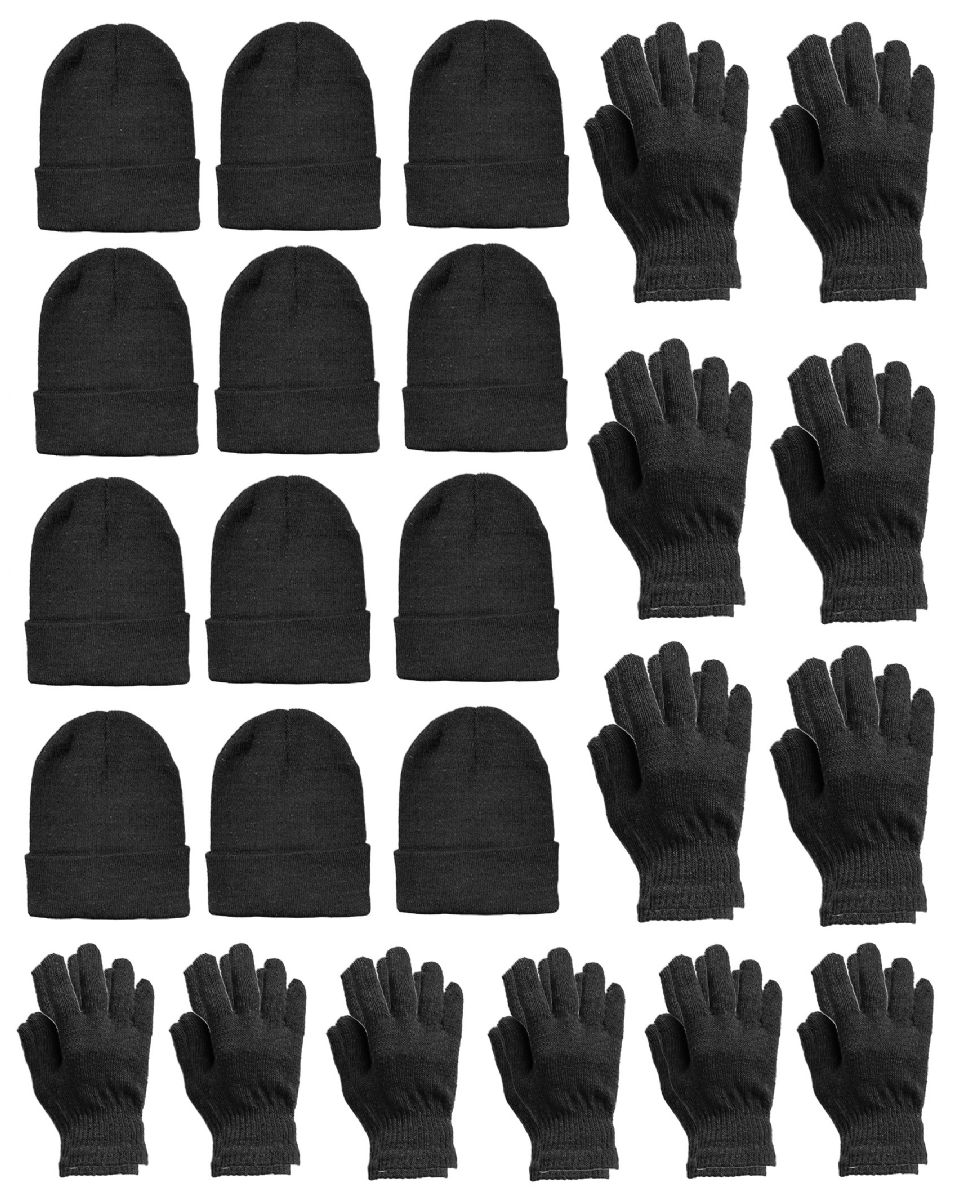 12 Sets of Yacht & Smith 2 Piece Unisex Warm Winter Hats And Glove Set Solid Black