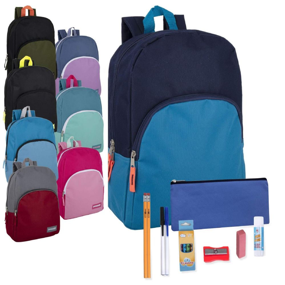 24 Wholesale Preassembled 15 Inch Backpack & 12 Piece School Supply Kit - 8 Colors