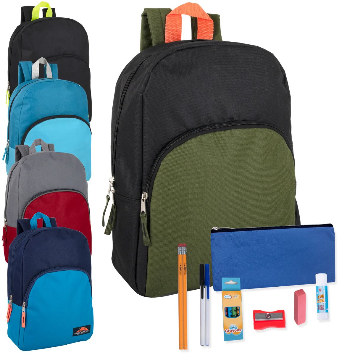 24 Wholesale Preassembled 15 Inch Basic Backpack And 20 Piece School Supply Kit In 12 Color