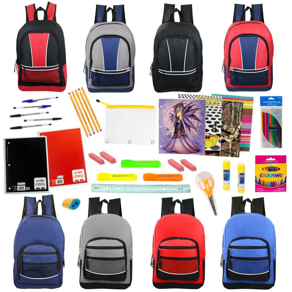 12 Sets 17" Backpacks With 52 Piece School Supply Kits In 8 Assorted