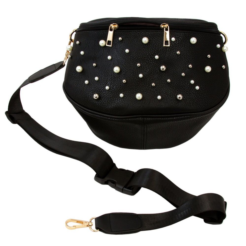 12 Pieces of Oversize Fanny Pack In Black With Pearls