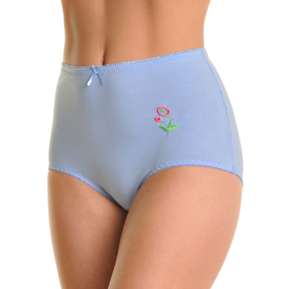 Ladies Full Brief Knickers High Leg Ex Store Embroidered Cotton