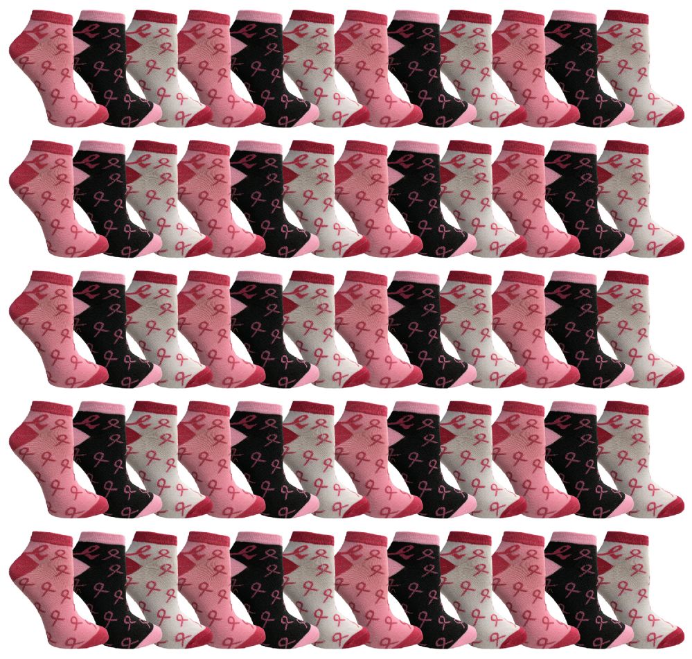 60 Pairs of Yacht & Smith Women's Assorted Colored Breast Cancer Awareness Ankle Socks