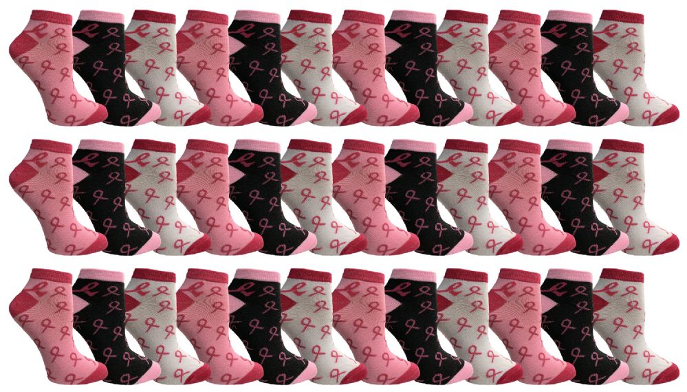 36 Pairs of Yacht & Smith Women's Assorted Colored Breast Cancer Awareness Ankle Socks