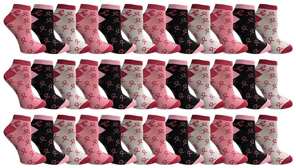 36 Wholesale Pink Ribbon Breast Cancer Awareness Ankle/crew Socks For Women (36 Pairs Assorted, Ankle Socks)